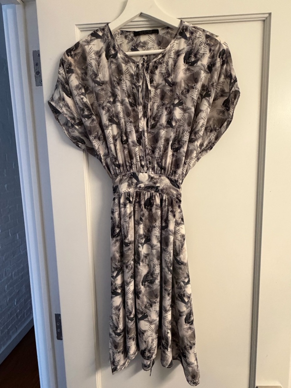AllSaints Dark Green & White Printed Tie-Waist Mini Dress